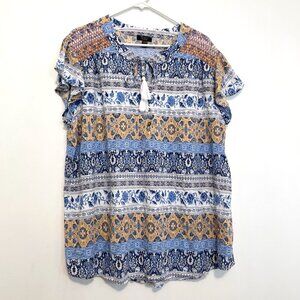 MACKENZIE JAMES Plus Size Blue White Floral Striped Boho Tie Neck Peasant Blouse